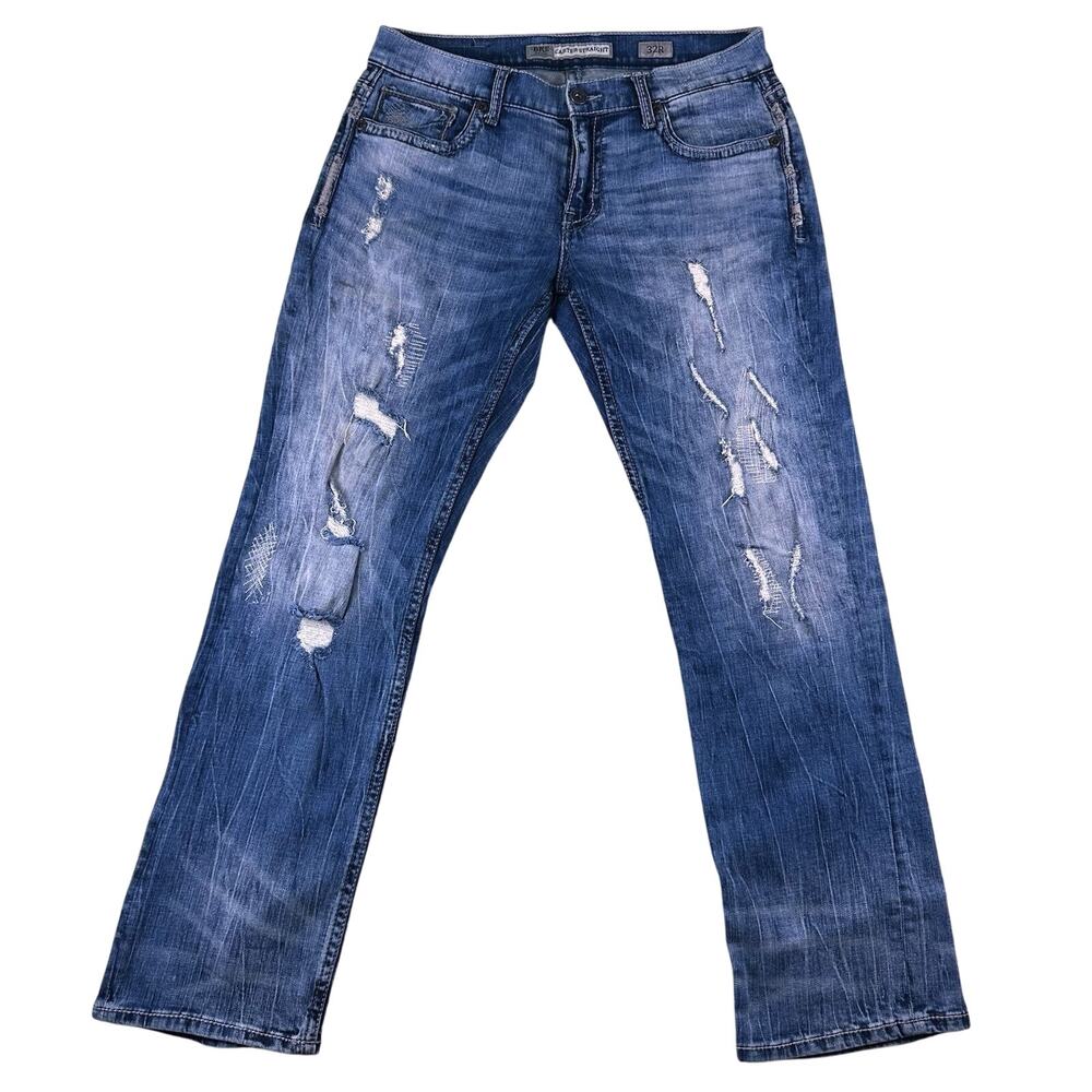 BKE Jeans Thick Stitch Button Fly Buckle Carter Mens 32 R Denim Boot Cut